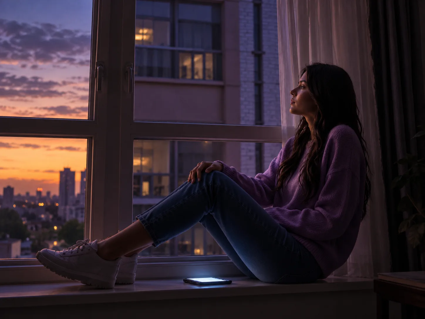 Una mujer joven sentada en el alféizar de una ventana al anochecer, mirando hacia afuera con su teléfono a un lado, del sitio de The Digital Identity Foundation.