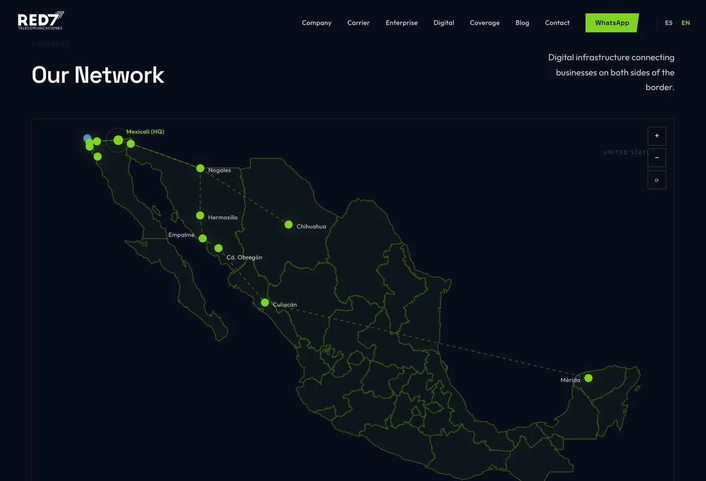 El mapa interactivo de cobertura del sitio web de Red 7 Telecomunicaciones, con su red en México y Estados Unidos.