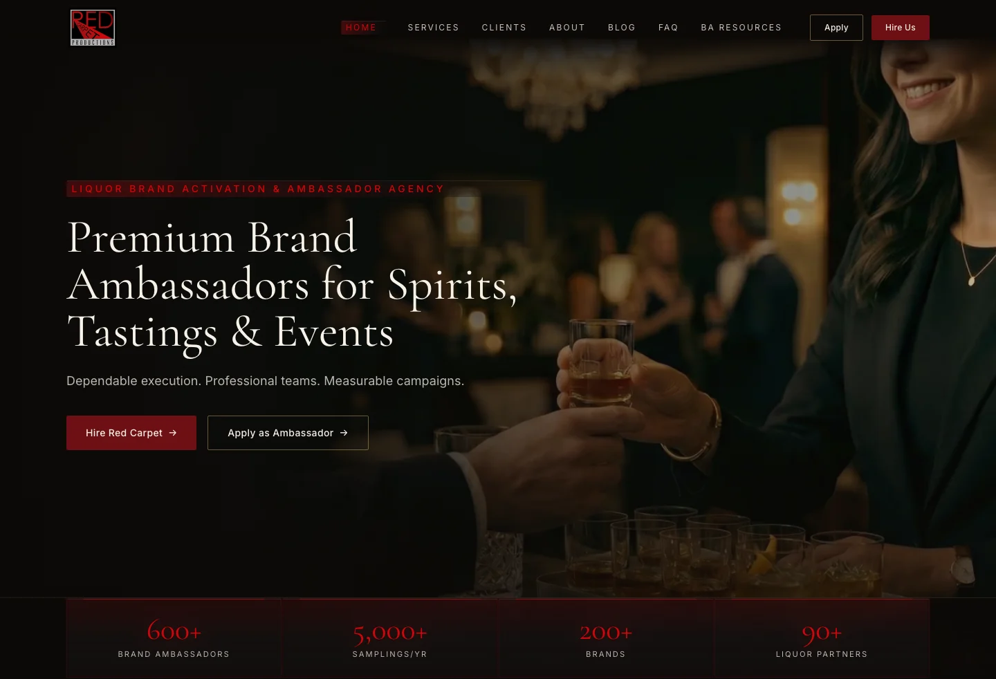 La página de inicio de Red Carpet Productions, una agencia de activación de marcas de licores y brand ambassadors con sede en Austin, gestionada por SWATS.