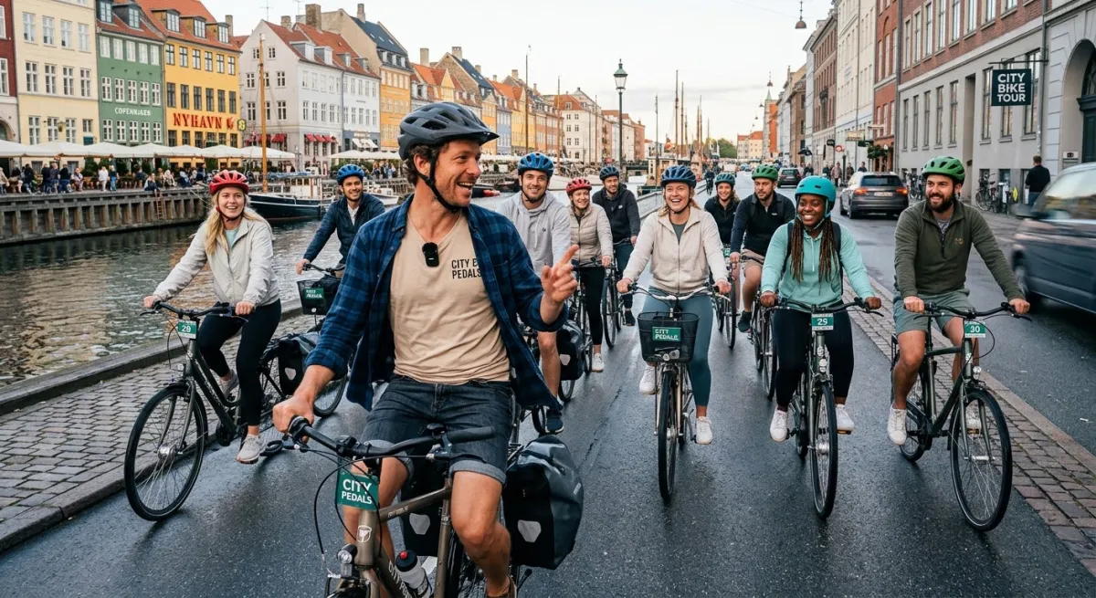 A guided group of cyclists riding together along a lively waterfront city street.