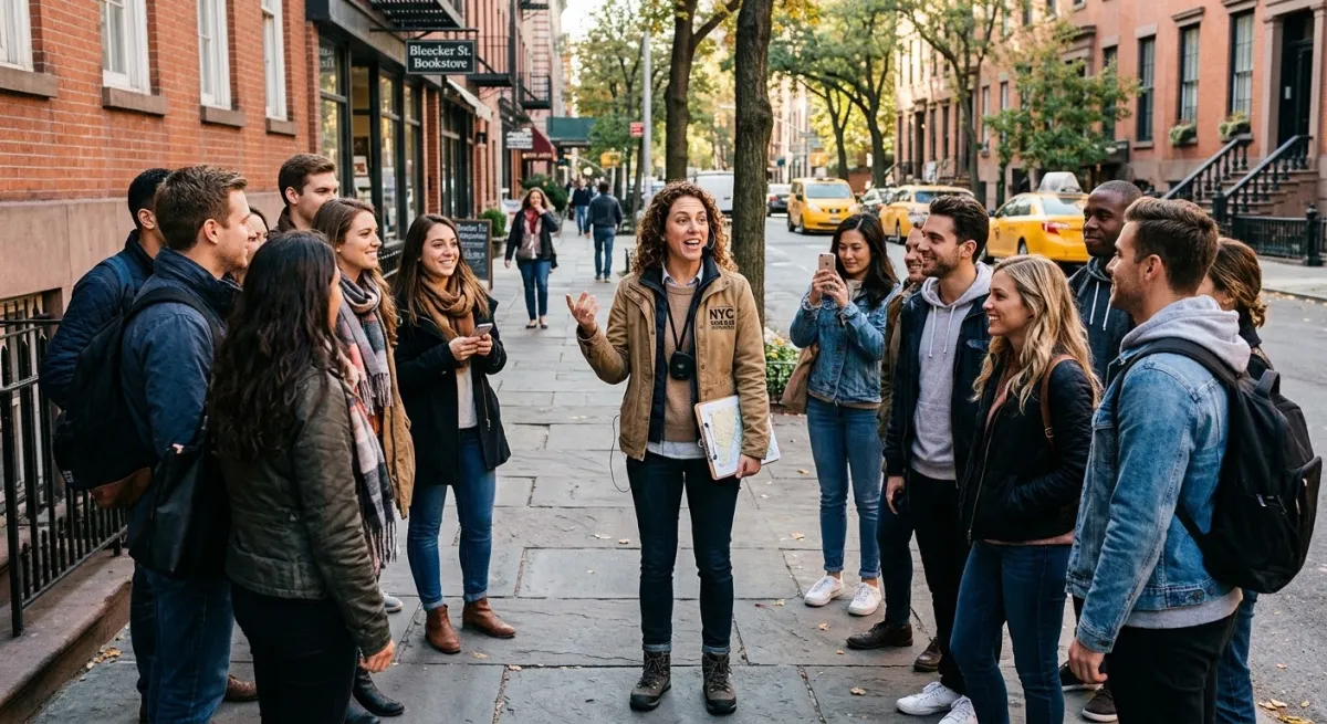 A guide leading a group of travelers on a guided walking tour along a city street.